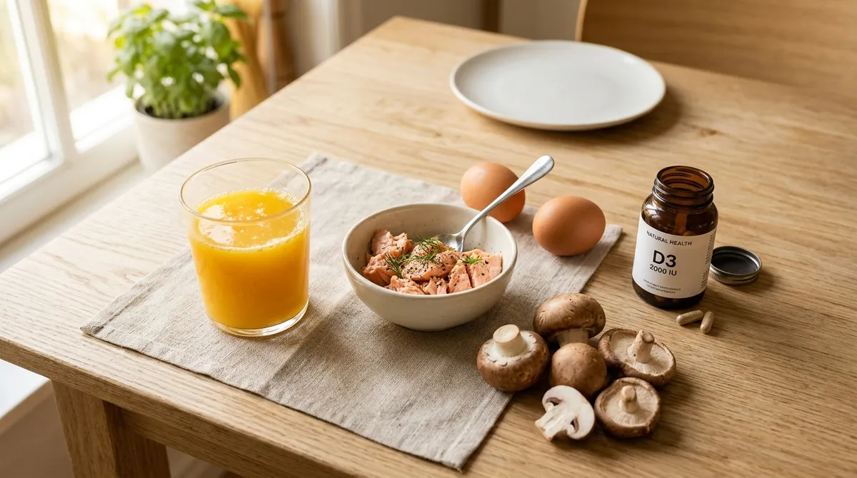 Foods and supplements that help address celiac disease vitamin D deficiency laid out on a kitchen table