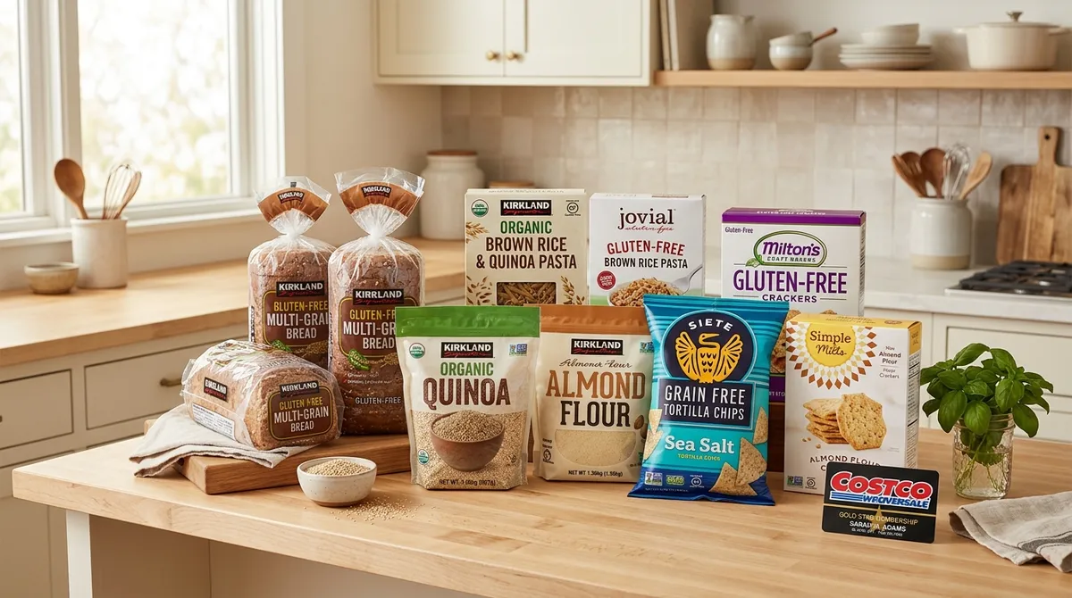Costco gluten-free products spread on kitchen counter including bread pasta and snacks