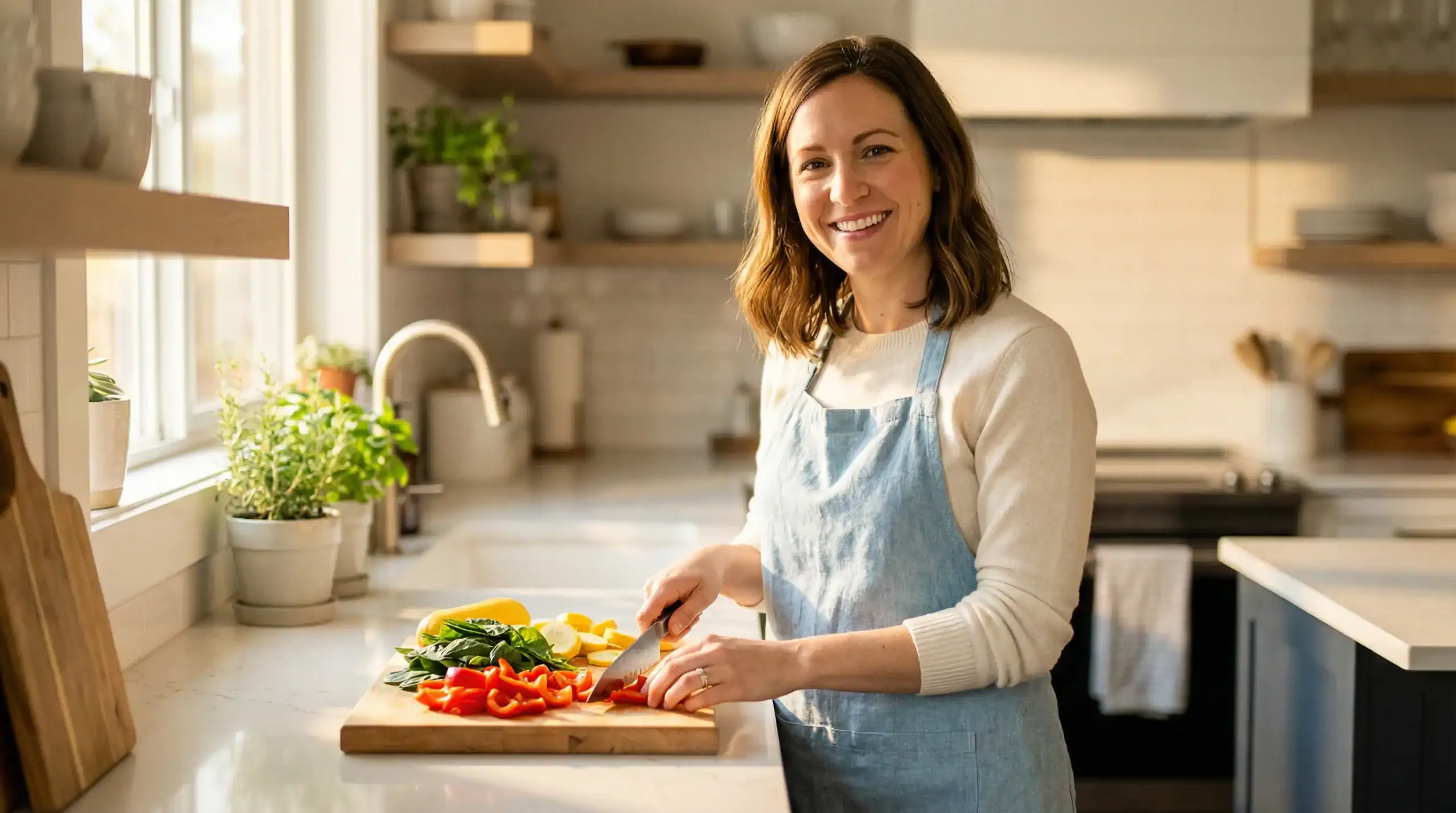 A woman in a blue apron smiling while chopping fresh vegetables in a bright, modern kitchen — representing a healthy gluten-free lifestyle.
