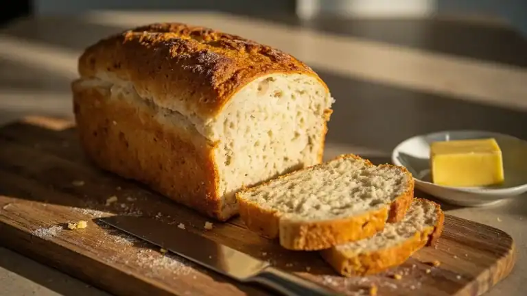 Freshly baked gluten-free sandwich bread loaf sliced on a wooden cutting board with butter