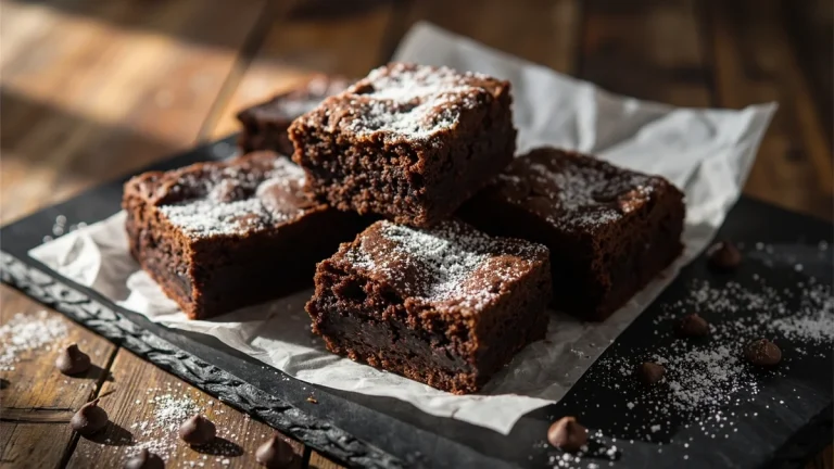 Fudgy gluten-free chocolate brownies cut into squares with powdered sugar on parchment paper