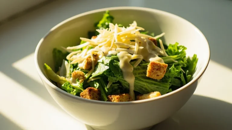 Classic gluten-free Caesar salad with romaine lettuce, croutons, Parmesan cheese and Caesar dressing in a white bowl