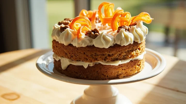 Gluten-free carrot cake with cream cheese frosting, walnuts, and carrot ribbons on a white cake stand