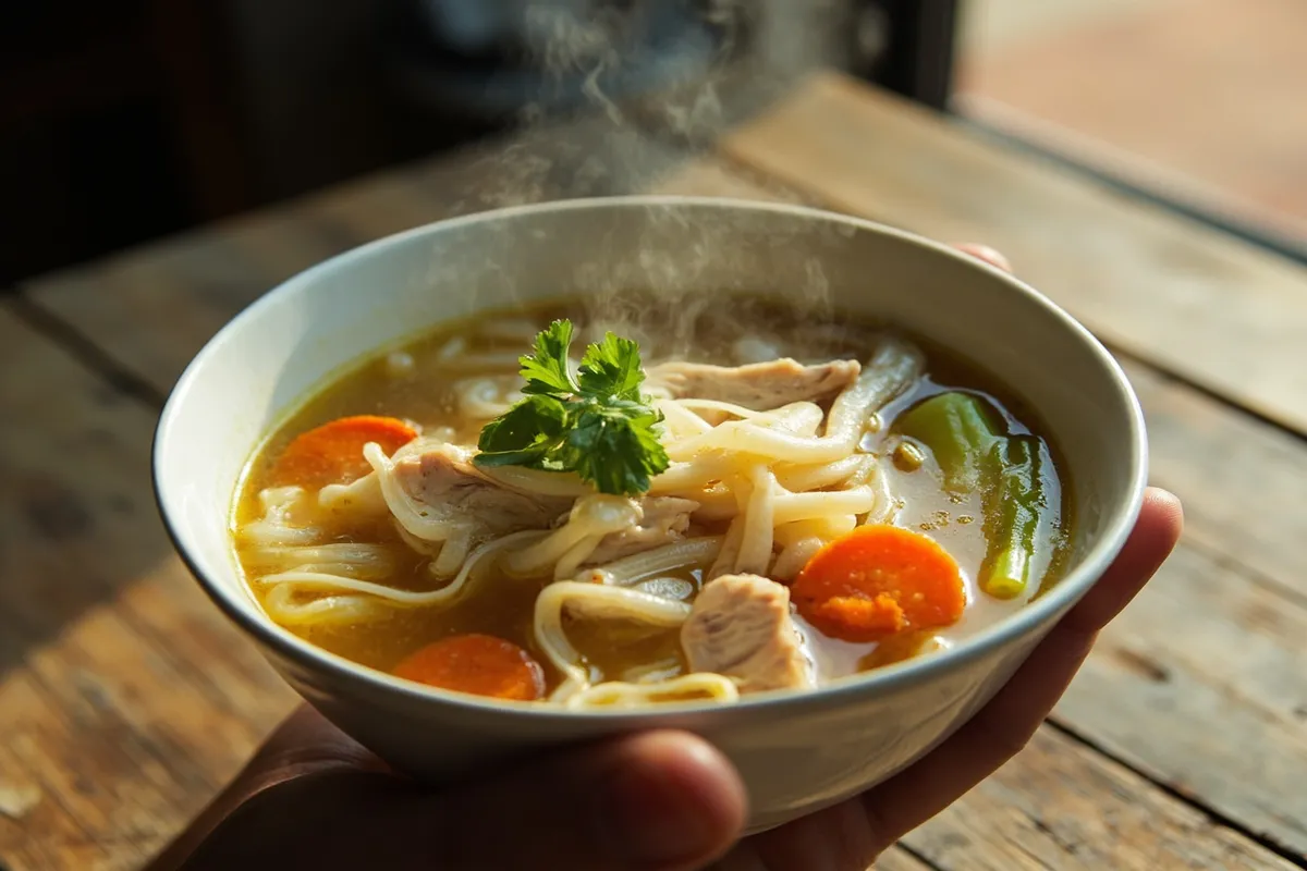 Homemade gluten-free chicken noodle soup in a white bowl with golden broth, rice noodles, chicken, carrots, and celery