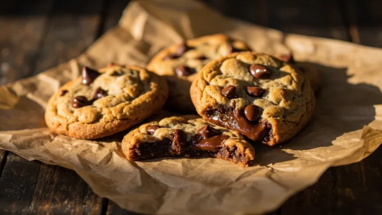 Freshly baked gluten-free chocolate chip cookies golden and gooey on parchment paper