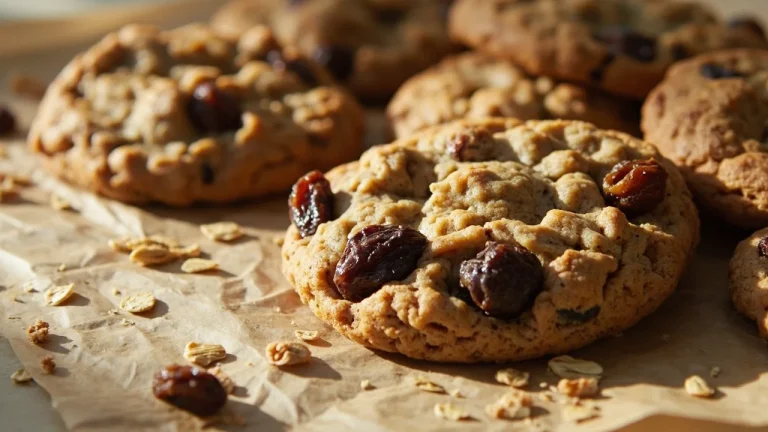 Chewy gluten-free oatmeal raisin cookies with plump raisins stacked on parchment paper
