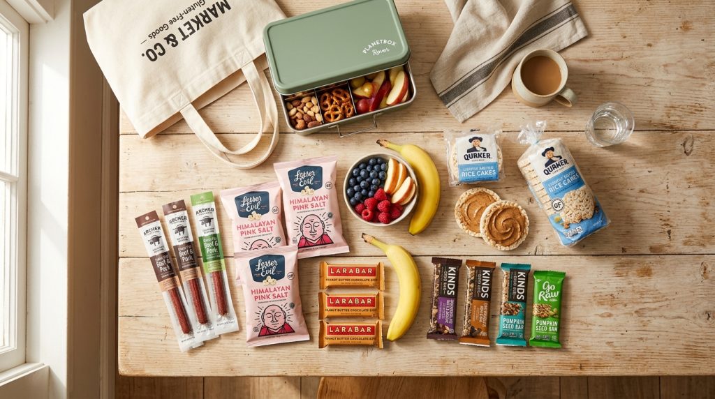 Assortment of certified gluten-free portable snacks laid out for school and work packing