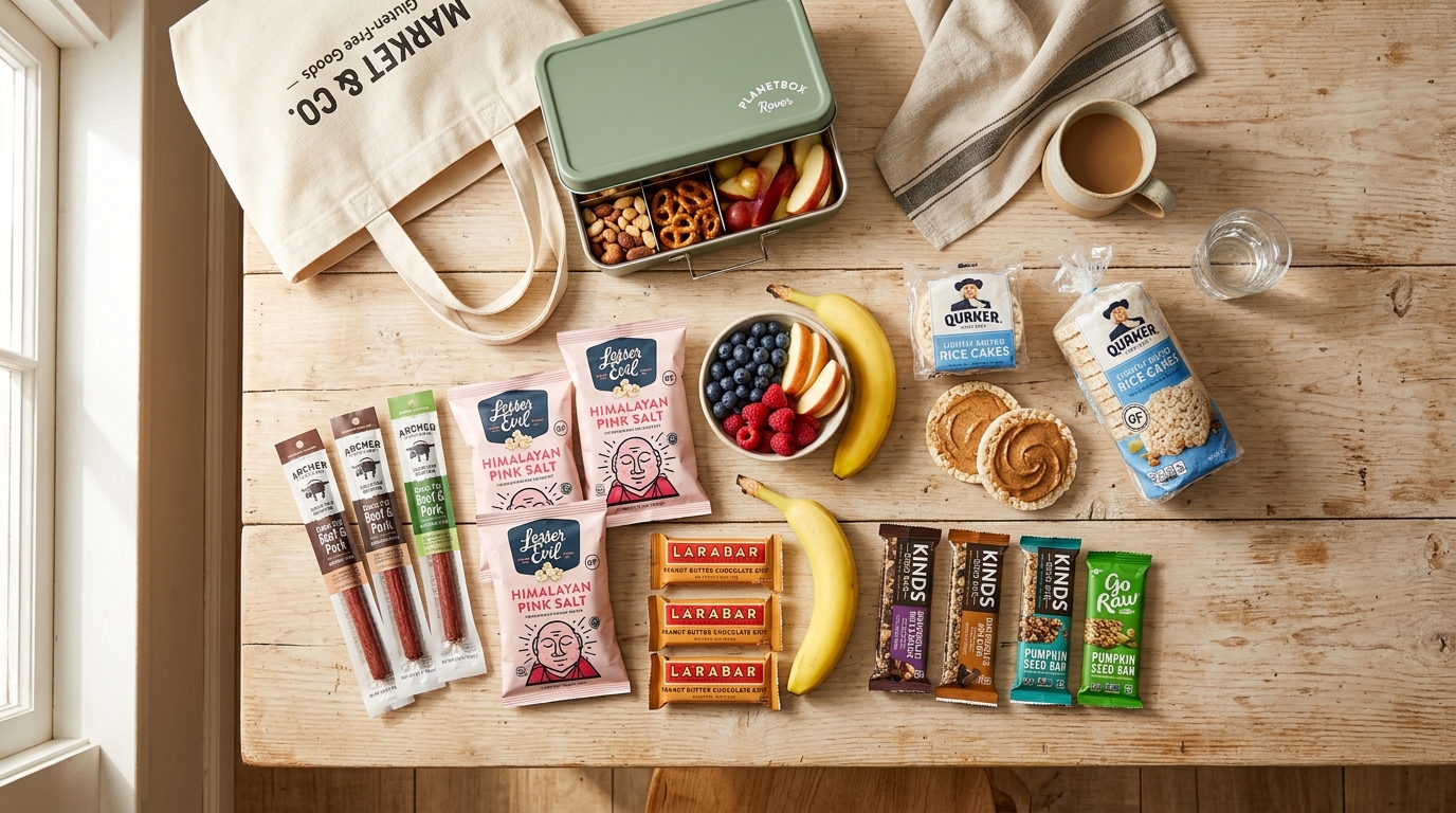 Assortment of certified gluten-free portable snacks laid out for school and work packing