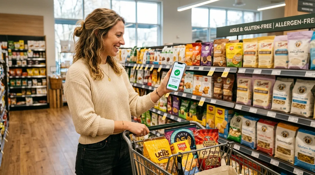 Woman using one of the best gluten-free apps to scan a product barcode at a grocery store
