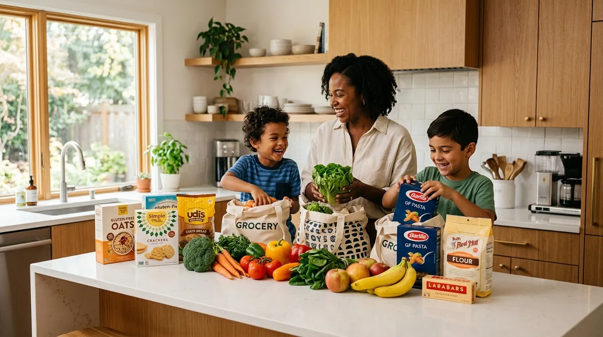 Family unpacking gluten-free groceries during Celiac Awareness Month in a bright kitchen