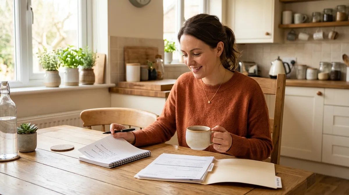 Woman reviewing celiac disease diagnosis paperwork at kitchen table during the celiac disease diagnosis process timeline