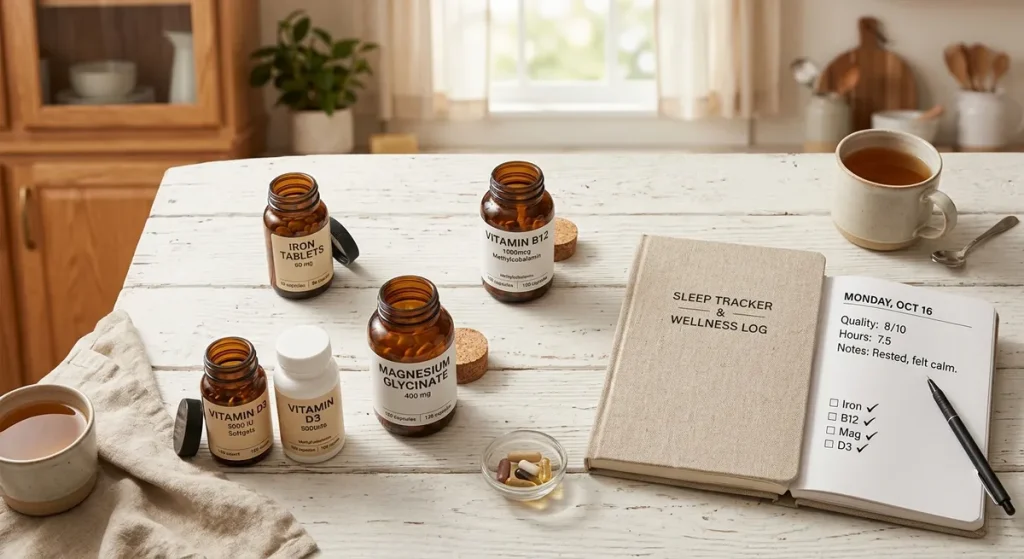 Supplements for celiac disease sleep problems including iron, B12, magnesium, and vitamin D arranged on white surface