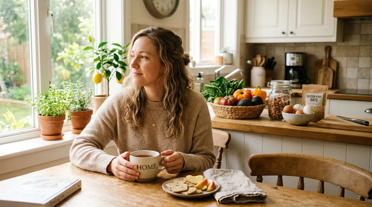 Woman with celiac disease drinking tea at kitchen table, exploring solutions for celiac disease sleep problems