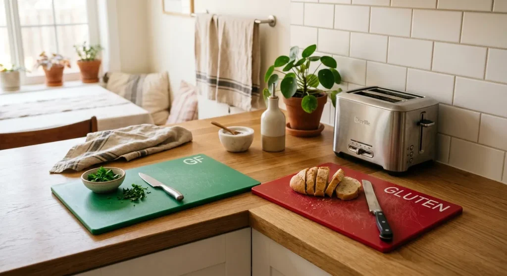 Color-coded cutting boards and dedicated toaster for reducing cross-contamination in a gluten-free kitchen
