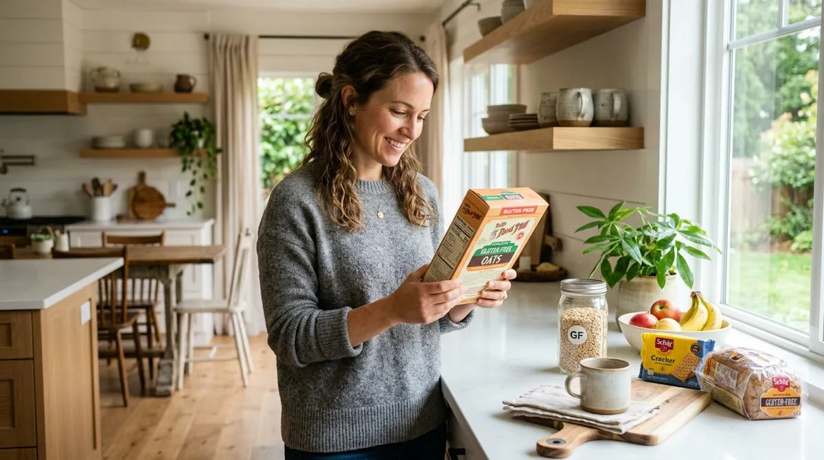 Woman reading gluten-free food label in kitchen to check for cross-contamination risks with non-celiac gluten sensitivity