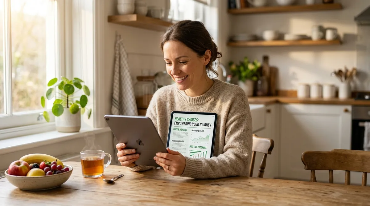Woman researching dermatitis herpetiformis symptoms on tablet in sunlit kitchen