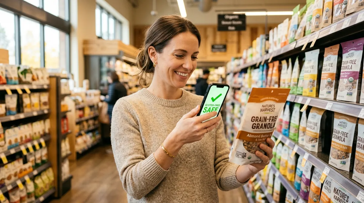 Woman shopping using a smartphone app to scan a gluten-free product barcode