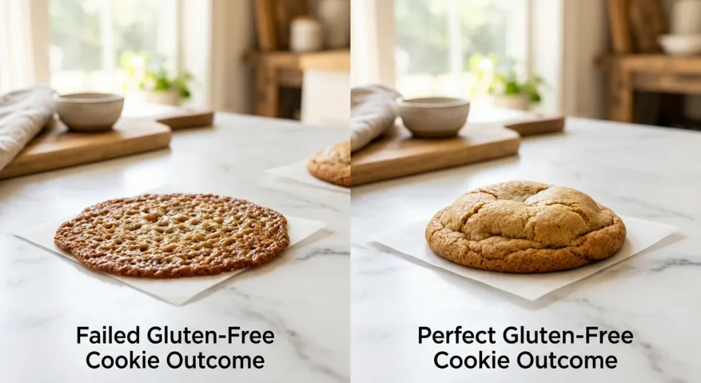 Side-by-side comparison of spread versus perfectly shaped gluten-free cookie showing common GF baking problem fix