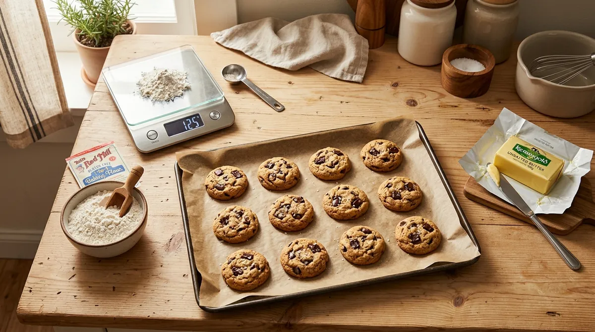 Perfectly baked gluten-free cookies on parchment with baking tools — solving gluten-free baking problems