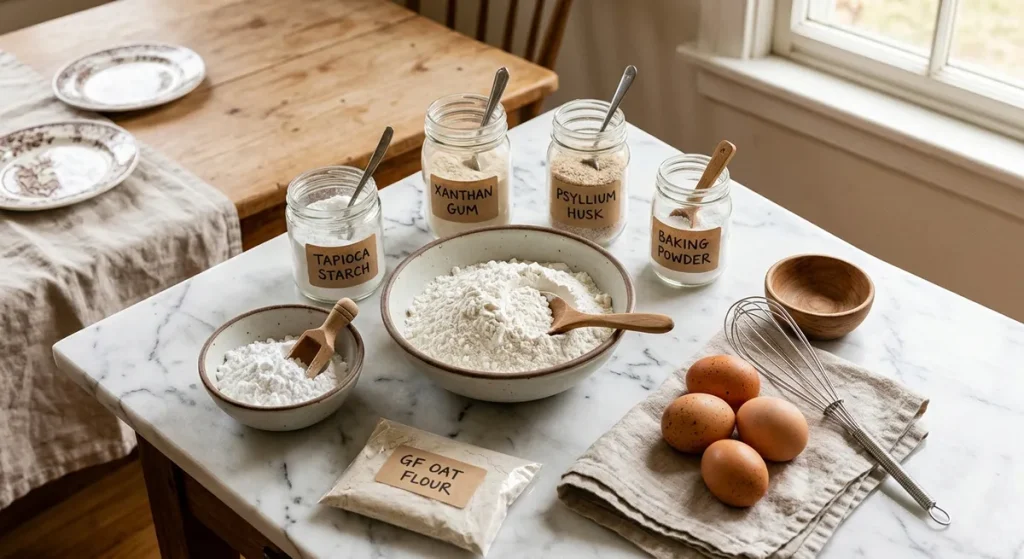 Gluten-free baking ingredients including rice flour, xanthan gum, tapioca starch, and psyllium husk arranged on white marble