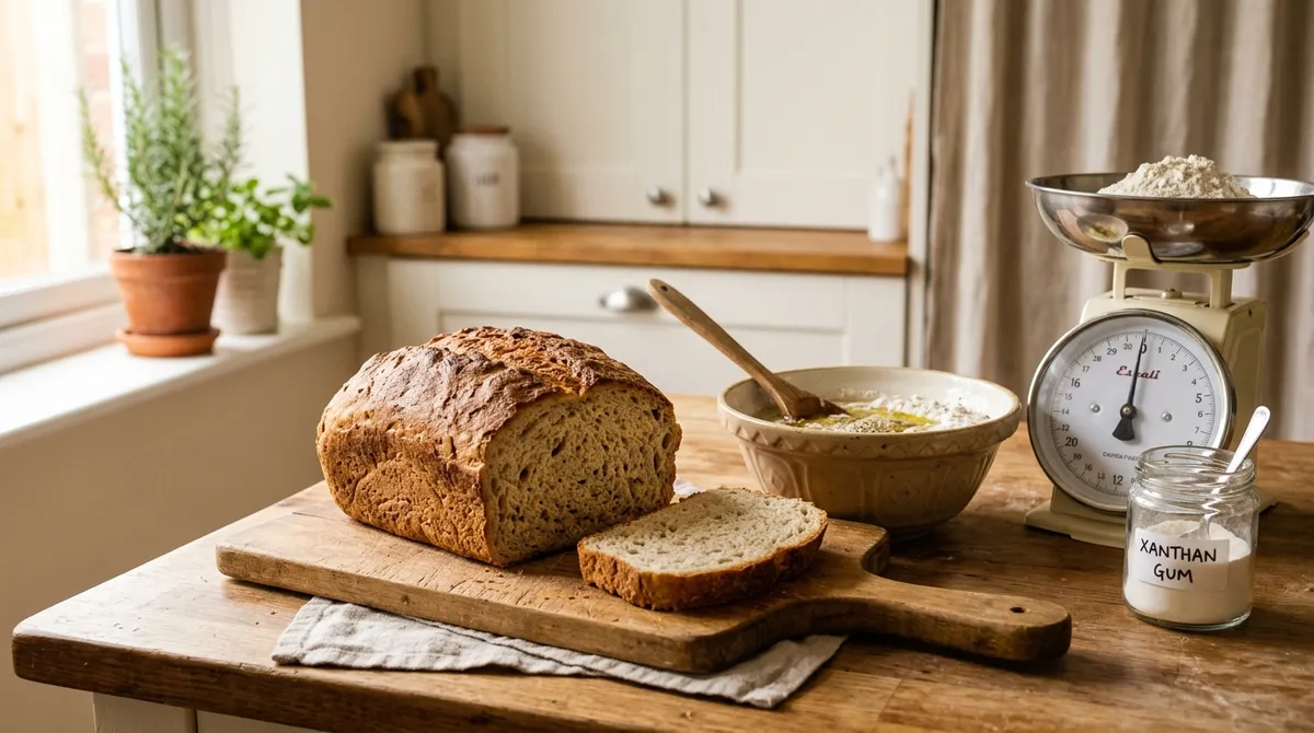 Freshly baked gluten-free bread sliced on a wooden cutting board showing a soft golden crumb, surrounded by baking ingredients