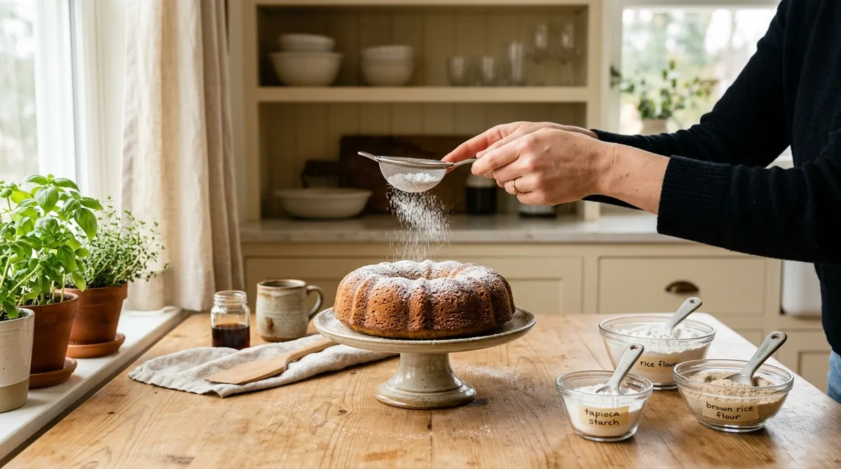 Hands dusting gluten-free cake with powdered sugar next to measured bowls of GF flour blend ingredients