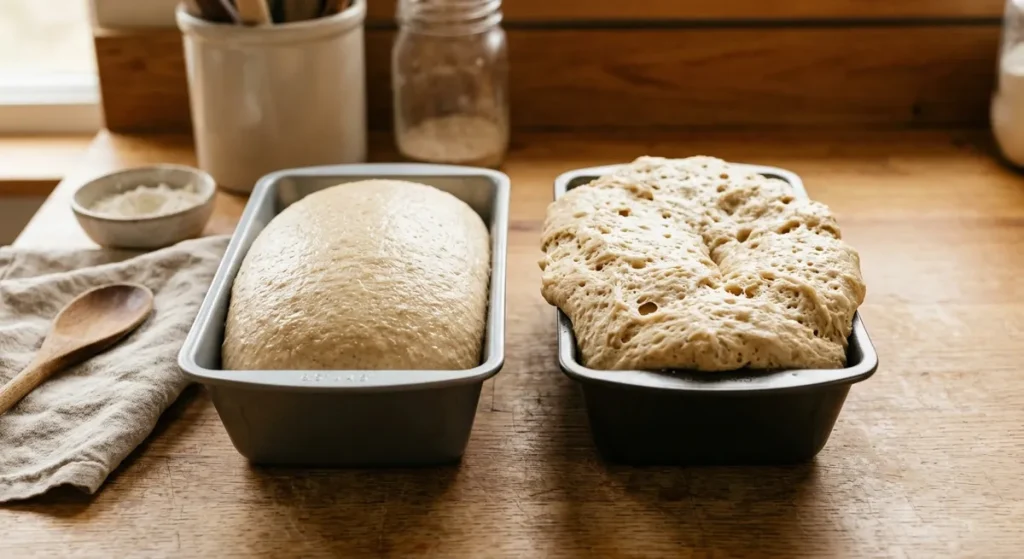 Side-by-side loaf pans comparing properly proofed vs over-proofed gluten-free bread dough rising time