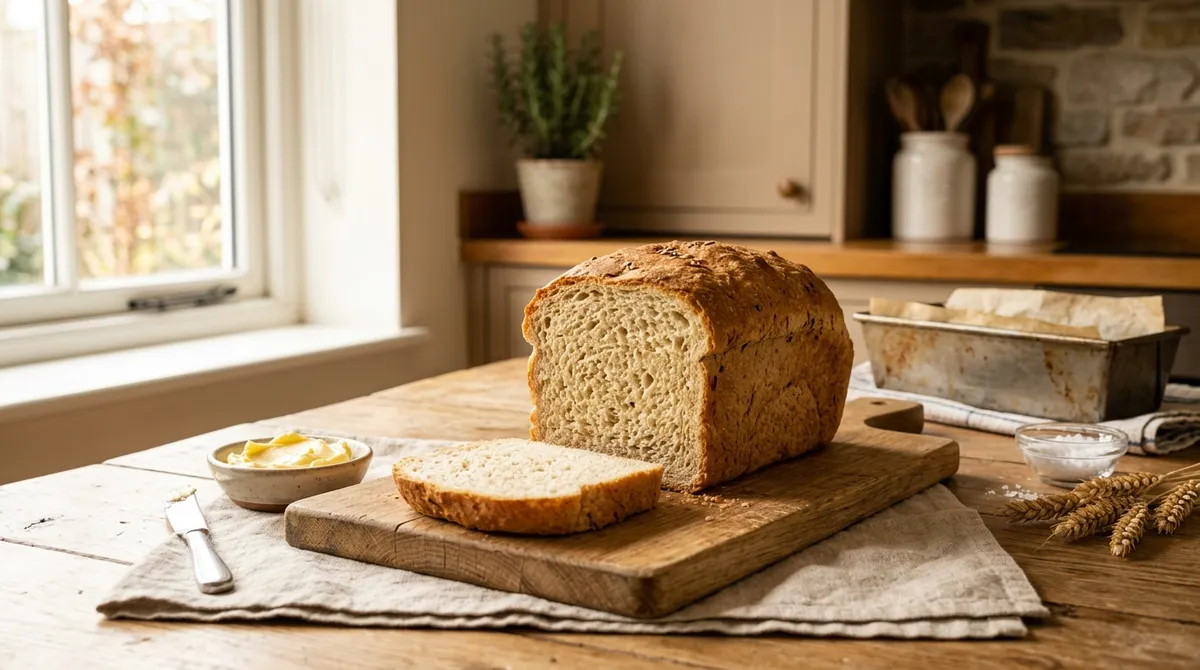 Golden gluten-free sandwich bread on a cutting board with an airy crumb, showing proper rise and texture