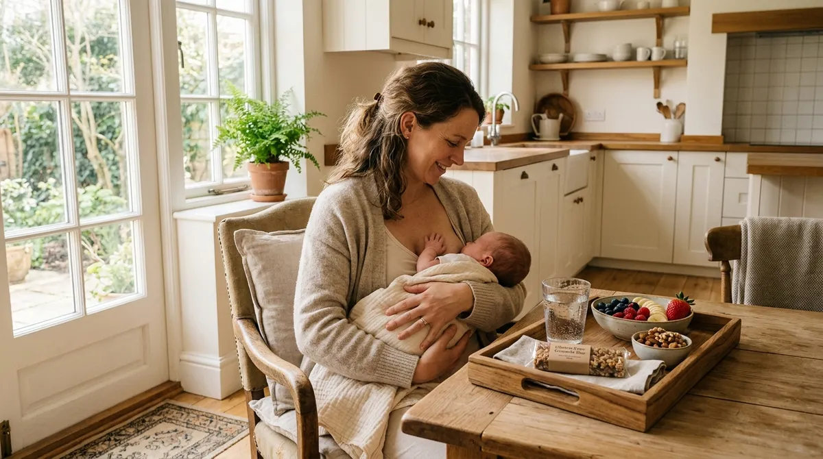 New mom breastfeeding with gluten-free postpartum snacks on a tray beside her
