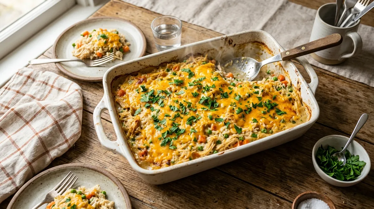 Gluten-free chicken and rice casserole in a white baking dish, golden and bubbly, ready to serve for weeknight dinner
