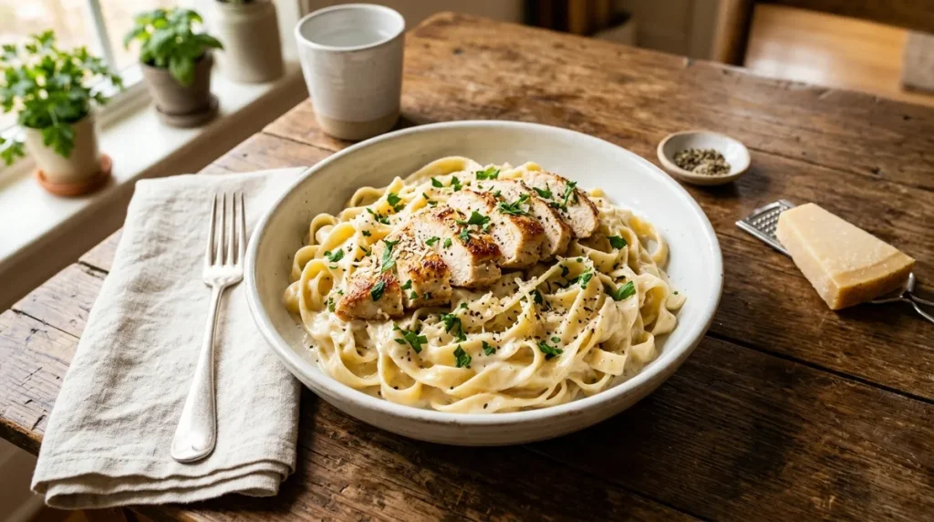Gluten-free chicken Alfredo in a white bowl with creamy Parmesan sauce and sliced chicken on a wood table