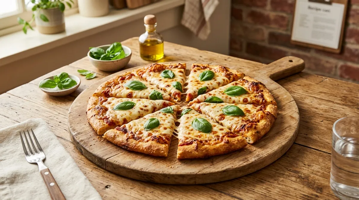 Crispy gluten-free pizza crust topped with mozzarella and fresh basil on a rustic wooden board
