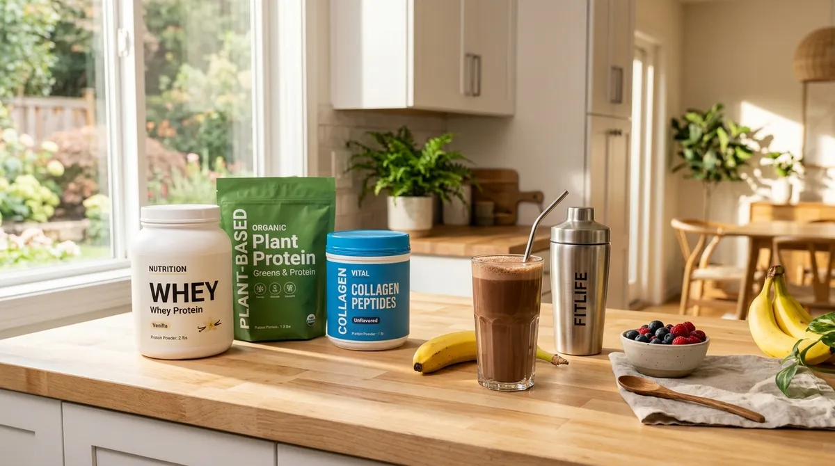Gluten-free protein powder containers with smoothie on kitchen counter for celiac-safe comparison