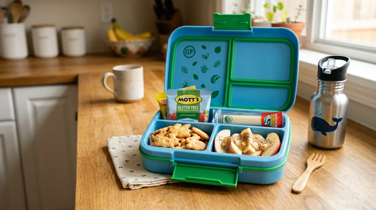 Gluten-free snacks for kids packed in a colorful lunchbox with crackers, fruit snacks, and cheese
