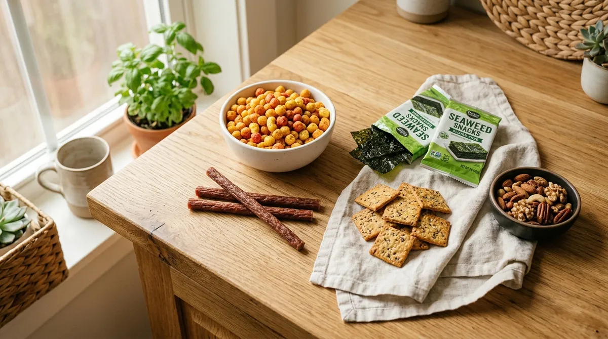 Colorful assortment of healthy gluten-free snacks on a kitchen counter, including chips, crackers, and protein snacks