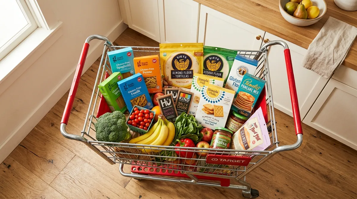 Gluten-free products at Target in red shopping cart including pasta, tortillas, and snacks