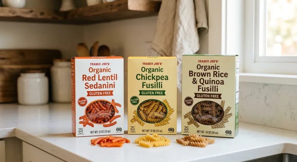 Trader Joe's gluten-free pasta varieties including red lentil, chickpea, and brown rice pasta boxes on a kitchen counter