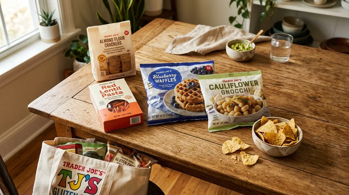 Trader Joe's gluten-free products spread on a kitchen table including pasta, crackers, and frozen waffles