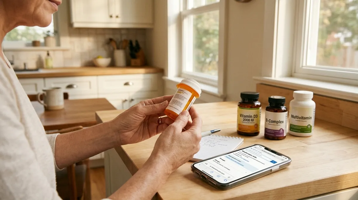 Checking gluten in medications supplements by reading prescription bottle label at home