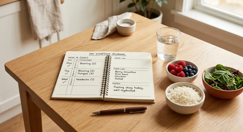 Gluten-free healing symptom journal with naturally GF foods showing how long to feel better after quitting gluten