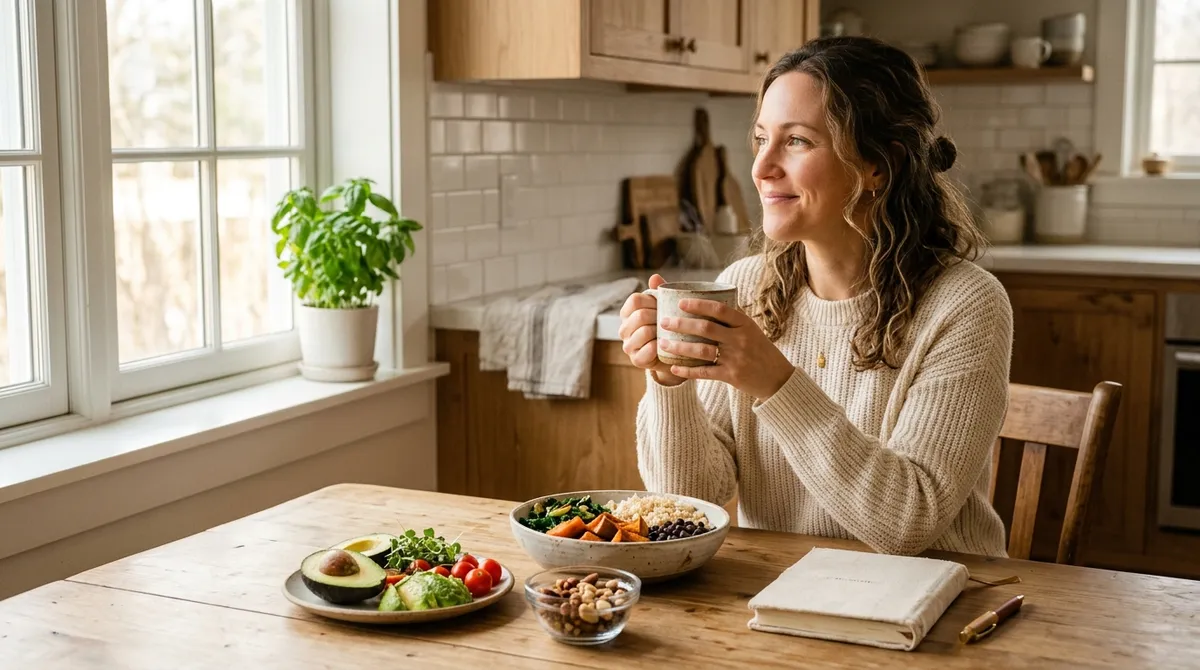 Woman feeling better after quitting gluten, sitting at a bright kitchen table with healthy gluten-free foods and a journal