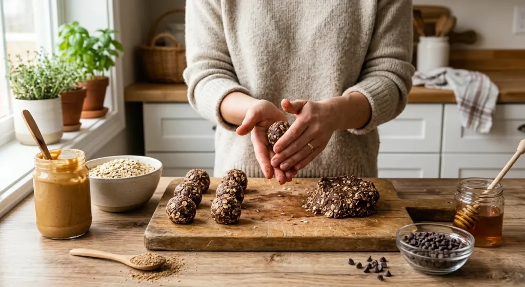 Hands rolling no-bake gluten-free energy balls on a wooden board with oats, peanut butter, and honey nearby