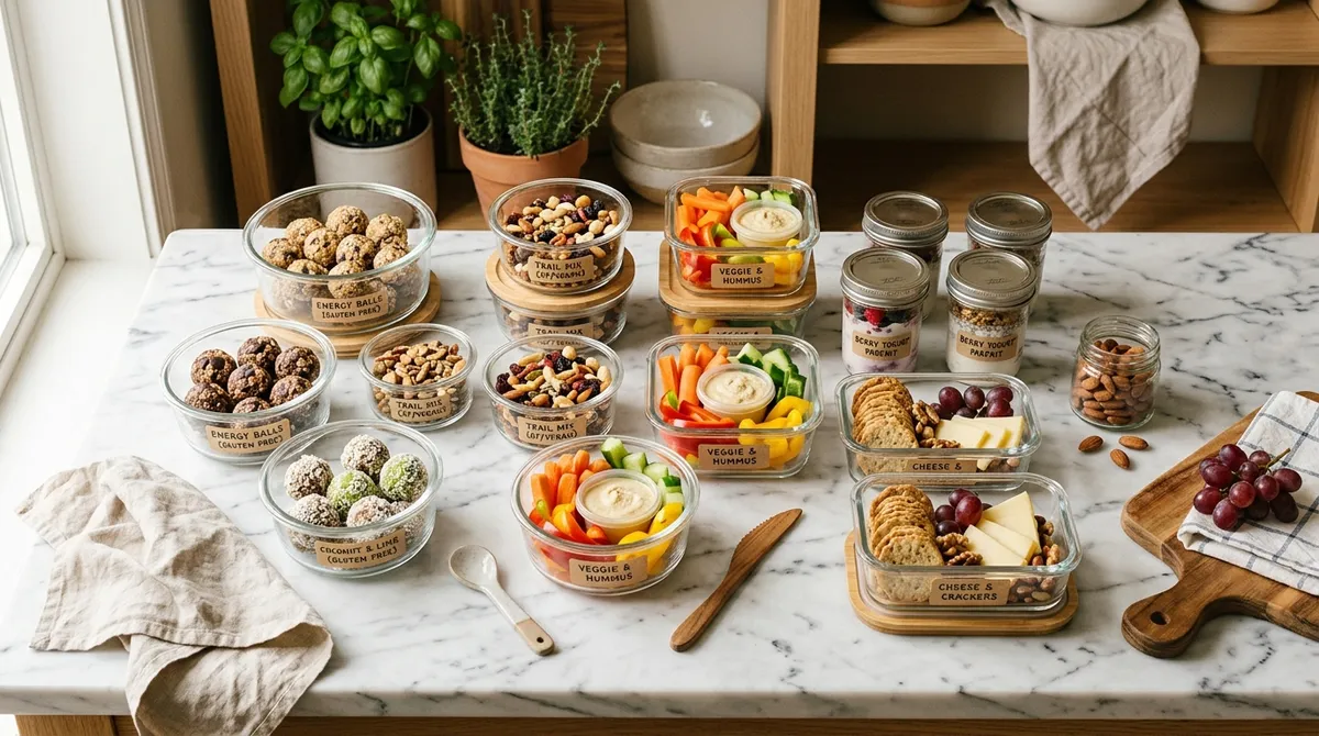 Gluten-free snack meal prep containers arranged on a marble counter with energy balls, trail mix, and veggie boxes