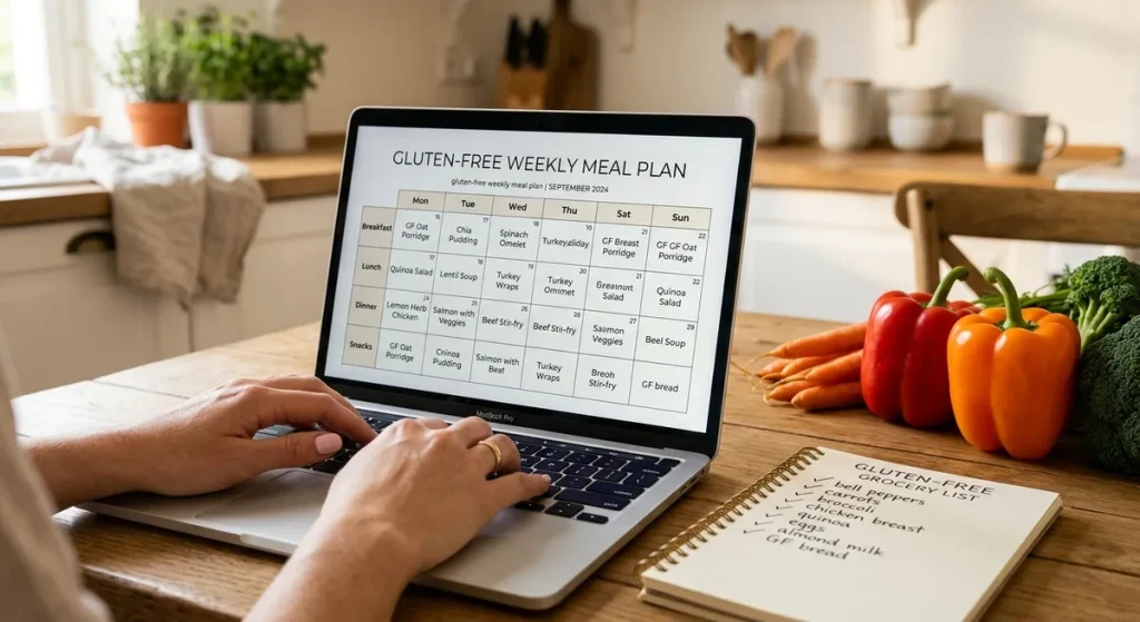 Hands typing an AI gluten-free meal plan prompt on a laptop with a handwritten grocery list beside it