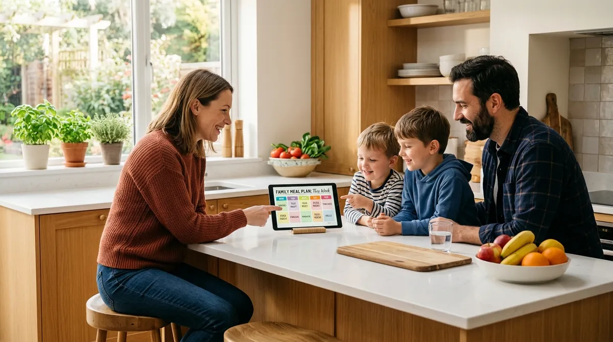 Mom using AI to build a gluten-free meal plan on a tablet with her two kids in a bright family kitchen