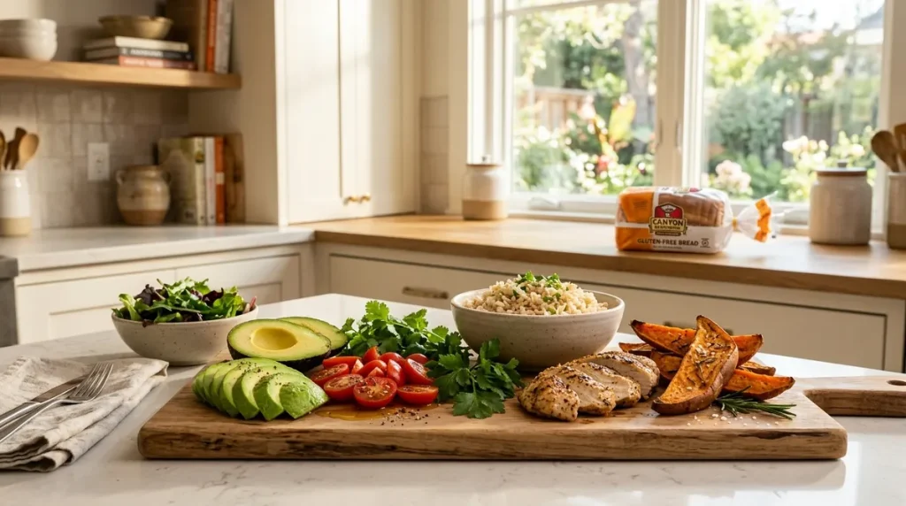 Whole foods vs gluten-free processed foods on a kitchen counter with vegetables and grains