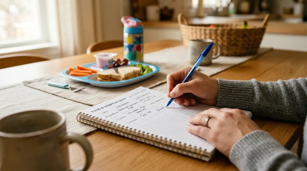 Parent writing food and symptom diary to track gluten intolerance signs in children