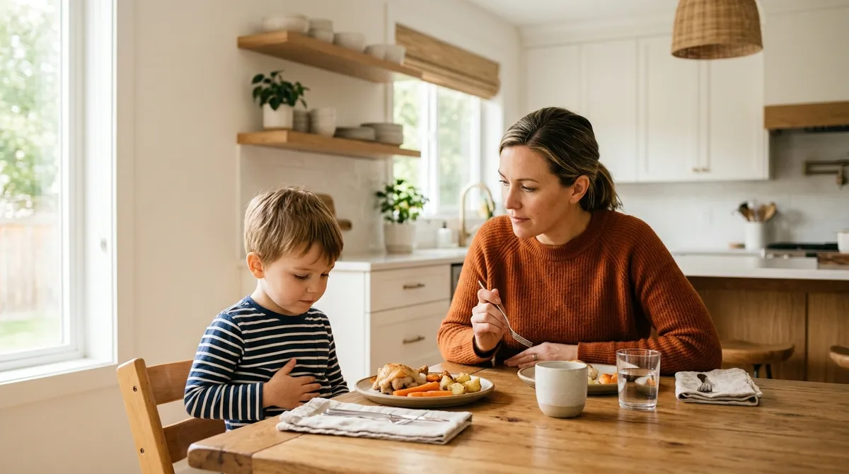 Mother and child discussing food at kitchen table, first signs of gluten intolerance in children