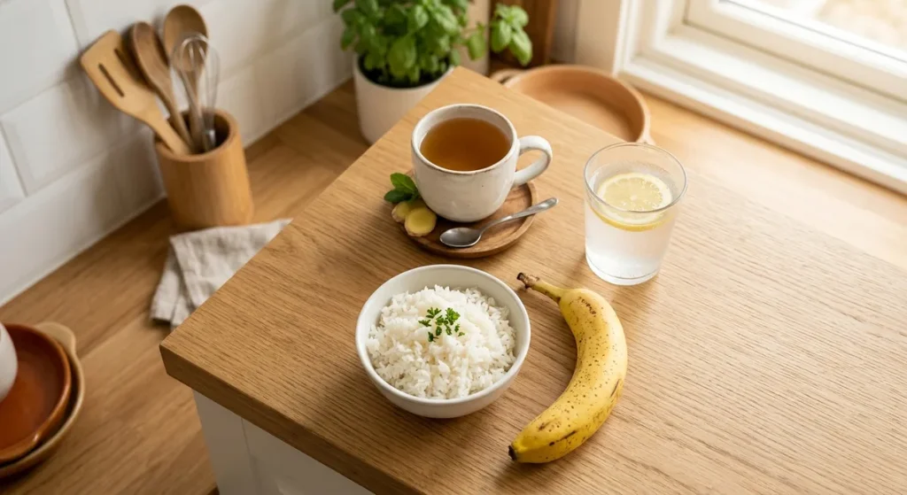 Gentle recovery foods for a gluten flare including rice banana ginger tea and electrolyte water