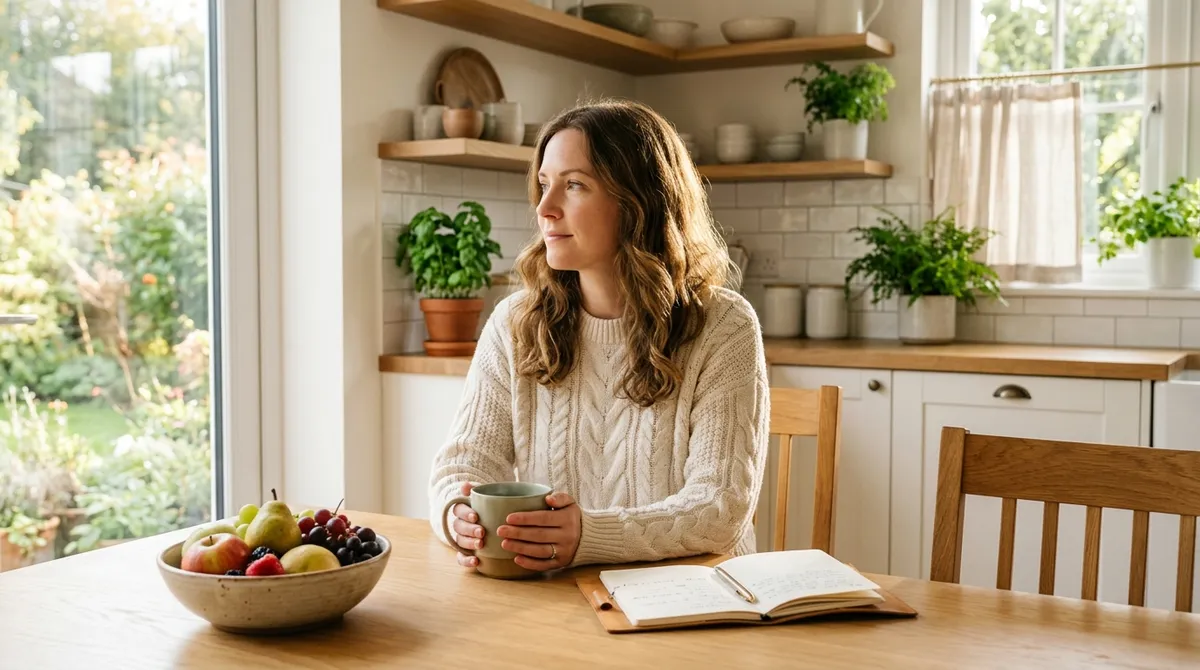 Woman sitting calmly at kitchen table with herbal tea during gluten-free diet transition, digestive health
